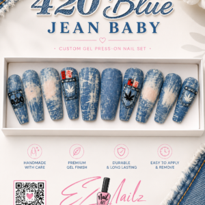 420 Blue Jean Baby — Size Large Handpainted gel press-on nail set with a distressed blue jean design and playful 420-inspired accents. This set includes a full application kit and comes in reusable storage packaging to help keep your nails protected between wears.