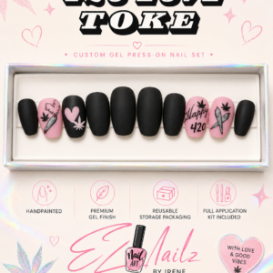 Handpainted gel press-on nail set with a bold black-and-pink 420-inspired design, featuring heart accents, cannabis leaf details, and playful “Happy 420” artwork. Includes a full application kit and comes in nice reusable storage packaging.