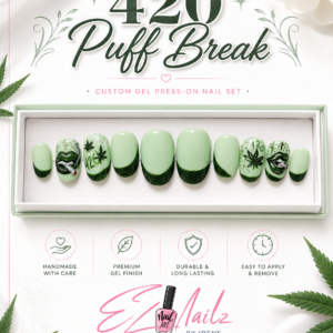 Hand-painted short round press-on nail set in size Large, featuring a mint green base with deep green tips and playful 420-inspired accent art. Includes a full application kit and comes in nice packaging.