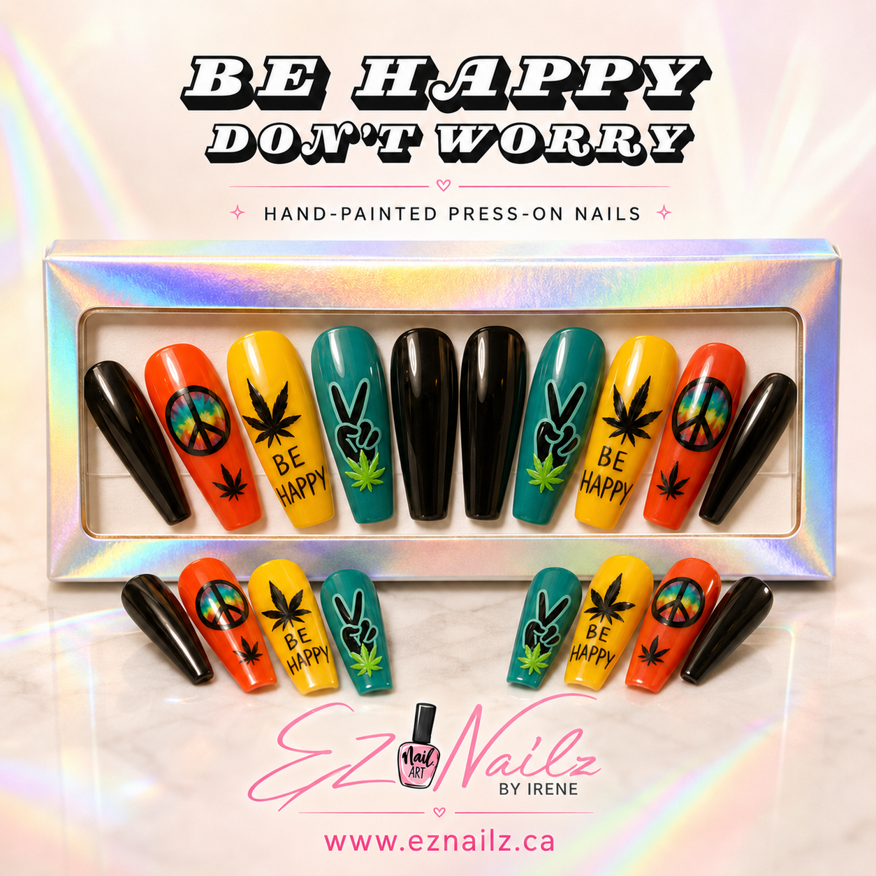 Hand-painted “Be Happy Don’t Worry” press-on nail set featuring bold colours, peace signs, cannabis leaf accents, and playful retro vibes. Size Medium, Long Length, Square Shape. Includes full application kit and nice packaging. Custom sizing available by request.