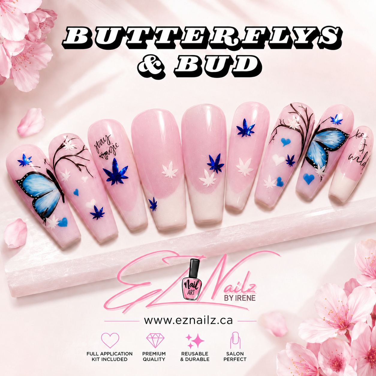 Butterflys & Bud handpainted custom press on nail kit