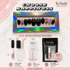 Choose Happiness — Hand-Painted Press-On Nail Set Choose your vibe and wear your reminder with this bold, hand-painted press-on nail set. Featuring a glossy black base with soft pink accent nails, this set blends sweet, edgy, and uplifting details — including “Happy,” “Choose Happiness,” leaf accents, and playful line-art styling. Each set is hand painted, making every design slightly unique and full of personality. Details: Hand painted Size: Large Length: Medium Shape: Round Includes a full application kit for easy at-home application A similar set can also be created in a different size for a custom fit by request.