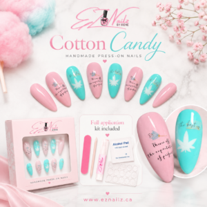 Cotton Candy is a hand-painted and decorated press-on nail set in soft pink and aqua tones with playful accent details. Size Large | Medium Length | Round Shape