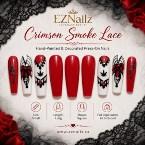 Crimson Smoke Lace is a bold hand-painted press-on nail set featuring glossy crimson red nails, white accent nails, black lace-inspired detailing, smoky swirls, and rhinestone accents. Size: Small Length: Long Shape: Square Includes a full application kit. A similar set can be created in a different size for a custom fit by request — see Custom Order Request.