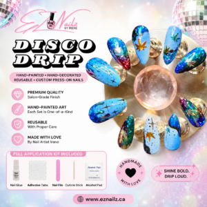 Disco Drip is a hand-painted and decorated long oval press-on nail set with bold blue tones, holographic sparkle, and glam disco-inspired details. Size: Medium Length: Long Shape: Oval Includes a full application kit.