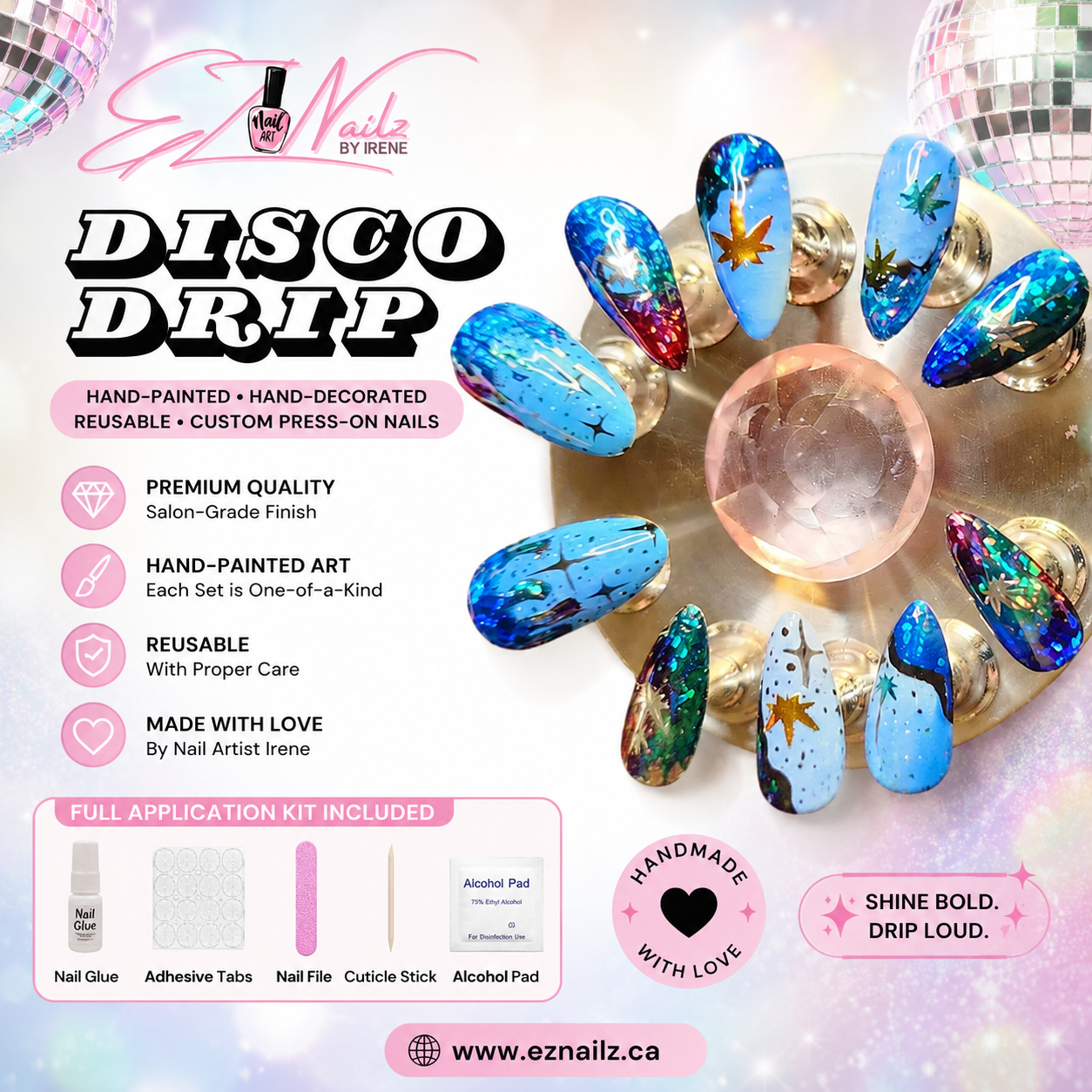 Disco Drip is a hand-painted and decorated long oval press-on nail set with bold blue tones, holographic sparkle, and glam disco-inspired details. Size: Medium Length: Long Shape: Oval Includes a full application kit.