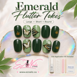 Emerald Flutter Tokes is a hand-painted and decorated press-on nail set featuring deep emerald and sage green tones, butterfly artwork, and delicate leaf-inspired accents. Size: Large Length: Short Shape: Round