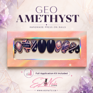 GEO AMETHYST is a hand-painted and decorated press-on nail set featuring bold geometric designs in rich purple, blush, and amethyst tones. Size: Large Length: Medium Shape: Square Includes a full application kit.