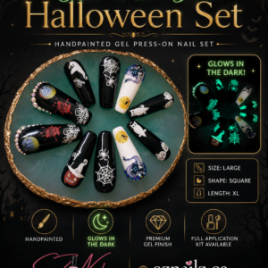 Glow-in-the-Dark Halloween Set — Handpainted long square gel press-on nail set featuring spooky Halloween artwork, glossy black-and-white accents, webs, ghosts, moon details, pumpkins, rhinestones, and glow-in-the-dark effects. Includes a full application kit and comes in nice reusable storage packaging. Similar sets can be created in different sizes by request — see Custom Order Request.