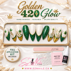 Golden 420 Glow is a hand-painted and decorated press-on nail set featuring emerald glitter, gold accents, crisp white details, and 420-inspired artwork. Size: Large Length: Long Shape: Almond Includes: Full application kit