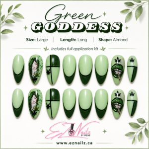 Green Goddess is a hand-painted and decorated press-on nail set featuring soft mint green, deep forest accents, leafy details, portrait-style artwork, and bold glossy statement nails. Size: Large Length: Long Shape: Almond