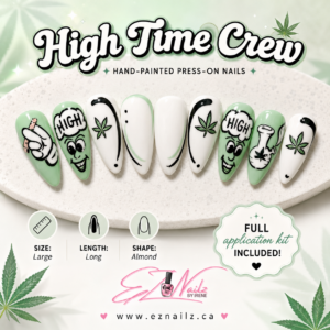 High Time Crew is a hand-painted and decorated press-on nail set featuring playful character art, mint green and white details, black linework, and cheeky cannabis-inspired accents. Size: Large Length: Long Shape: Almond