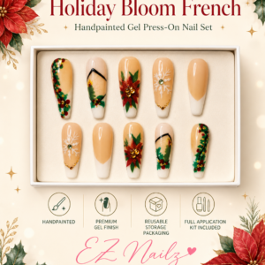 Handpainted long square gel press-on nail set with a soft nude base, white French tips, poinsettia blooms, holly leaves, snowflake accents, gold details, and gem embellishments. Includes a full application kit and comes in nice reusable storage packaging. A similar set can be created in a different size for a custom fit.