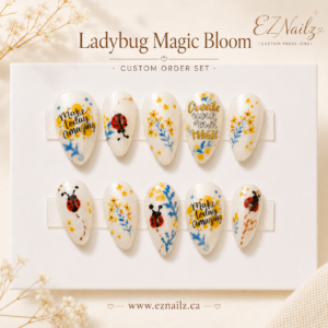 Ladybug Magic Bloom A little reminder set with a bright, gentle nudge built right in — make today amazing and create your own magic. This custom press-on nail set blends pearly white shimmer, sunny yellow florals, soft blue leafy accents, and hand-painted ladybugs for a playful spring-summer look that feels cheerful without being too loud. Each set can be recreated with your own custom sizing, shape, length, and vibe so it fits your hands beautifully and feels like it was made just for you. Order a similar custom set here: https://eznailz.ca/custom-order-request/