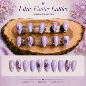Lilac Flutter Lattice feels like a soft little secret—sweet lavender shine, delicate floral whispers, fluttery butterfly details, and that crisp white lattice that makes the whole set feel fresh, feminine, and quietly eye-catching. Made as a custom order, this design is a perfect reminder that your nails do not have to be “close enough.” They can be made to fit you—your size, your style, your vibe. Order a similar custom-sized set here: https://eznailz.ca/custom-order-request/