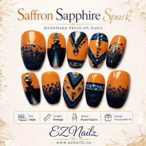 Saffron Sapphire Spark is a hand-painted and decorated press-on nail set featuring a bold saffron-orange base, deep sapphire glitter accents, geometric black detailing, rhinestones, and sparkling embellishments. Hand-painted and decorated. Size: Large Length: Average Shape: Round Square Set includes a full application kit. A similar set can be created in a different size for custom fit by request