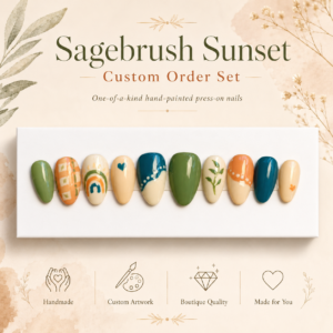 Sagebrush Sunset feels like warm golden hour wrapped around your fingertips — soft sage green, deep teal, creamy nude, and peachy sunset accents coming together in a calm, earthy, hand-painted press-on nail set. Each nail carries its own little detail, from leafy strokes and dotted curves to a tiny heart and retro rainbow touch, making this custom order set feel personal, playful, and quietly bold. Love this vibe? Order a similar hand-painted set made in your custom size here: https://eznailz.ca/custom-order-request/