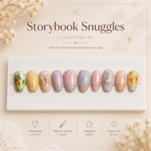 Storybook Snuggles feels like a tiny bedtime tale painted in pastel — soft teddy bears, dreamy stars, gentle gold sparkle, and cozy colours made to feel sweet, personal, and one-of-a-kind. This custom press-on nail set was created with hand-painted details and a storybook charm that turns everyday nails into a little piece of wearable art. Love this look? A similar set can be made just for you with custom sizing and your own personal touches. Order your custom-fit press-on nails here: https://eznailz.ca/custom-order-request/