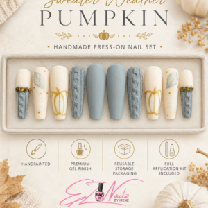 Sweater Weather Pumpkin — Size Small Handpainted long square gel press-on nail set featuring soft cream, nude, and dusty grey tones with gold pumpkin details, delicate leaf accents, rhinestones, and raised sweater-knit texture. Includes a full application kit and comes in nice reusable storage packaging. Similar sets can be created in different sizes by request — see Custom Order Request.
