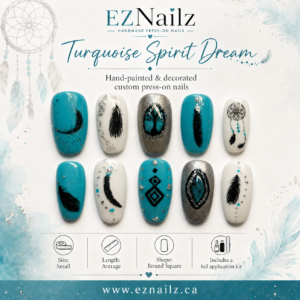 Turquoise Spirit Dream is a hand-painted and decorated press-on nail set featuring turquoise, cream, metallic silver, black feather accents, dreamcatcher detail, glitter, and bold geometric touches. Size: Small Length: Average Shape: Rounded Square Set includes a full application kit. A similar set can be created in a different size for custom fit by request — see “Custom Order Request.”