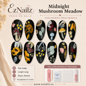 Midnight Mushroom Meadow is a hand-painted and decorated press-on nail set featuring a dark woodland design with mushrooms, ladybugs, florals, and earthy meadow details. Size: Large Length: Long Shape: Almond Set includes: Full application kit