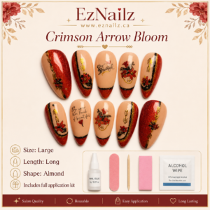 Crimson Arrow Bloom is a hand-painted and decorated press-on nail set featuring nude tones, deep crimson shimmer, black accents, gold arrow details, and delicate floral artwork. Size: Large Length: Long Shape: Almond Set includes a full application kit.