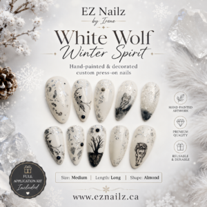 White Wolf Winter Spirit is a hand-painted and decorated press-on nail set featuring a creamy white base, silver foil accents, black wolf and winter tree artwork, smoky detailing, and dark gem accents. Size: Medium Length: Long Shape: Almond Set includes a full application kit. A similar set can be created in a different size for custom fit by request — see Custom Order Request.